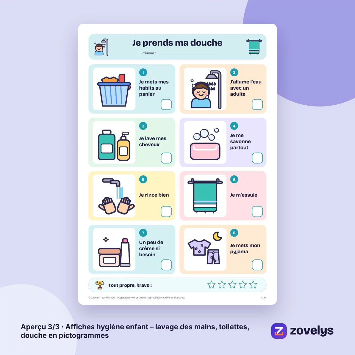 Affiches hygiène enfant – lavage des mains, toilettes, douche en pictogrammes – aperçu 3