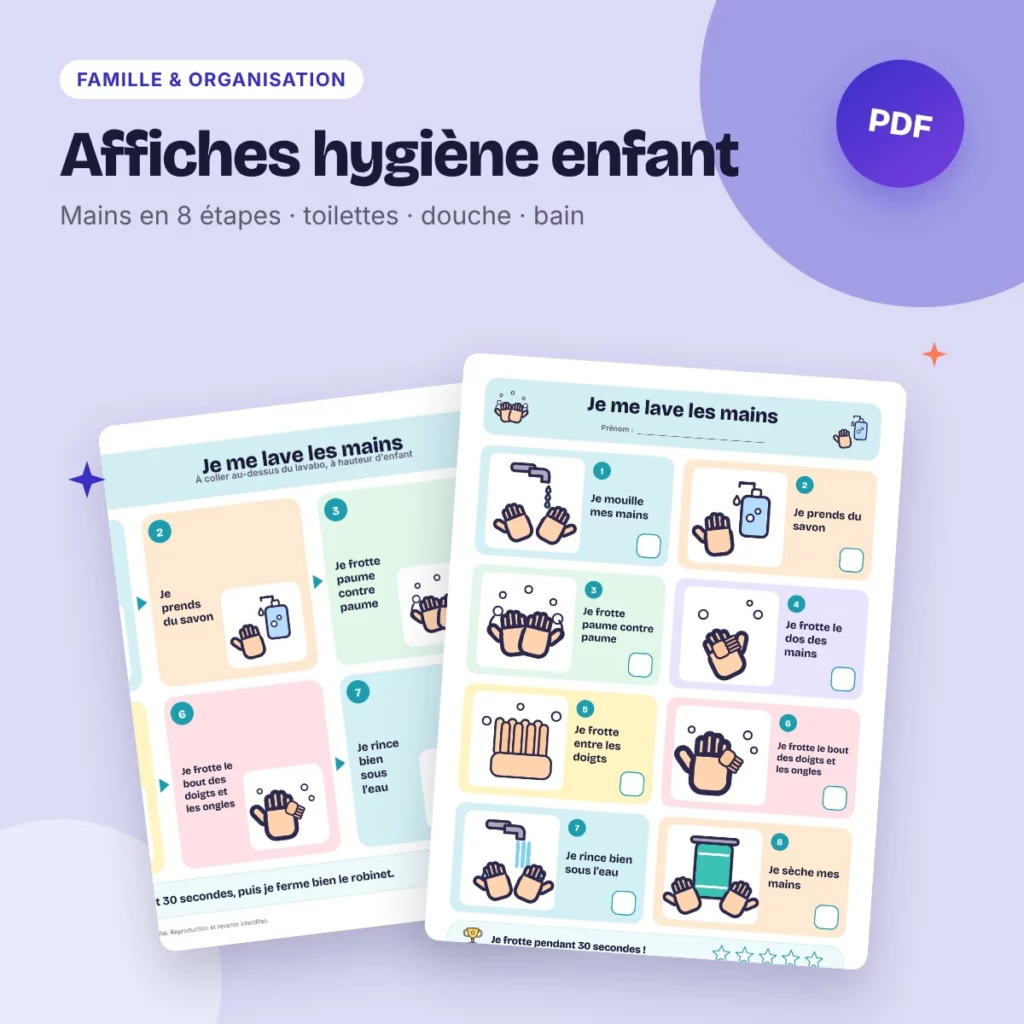 Affiches hygiène enfant – lavage des mains, toilettes, douche en pictogrammes