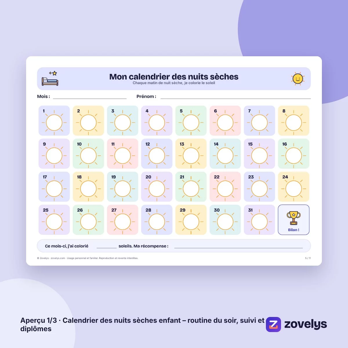 Calendrier des nuits sèches enfant – routine du soir, suivi et diplômes – aperçu 1