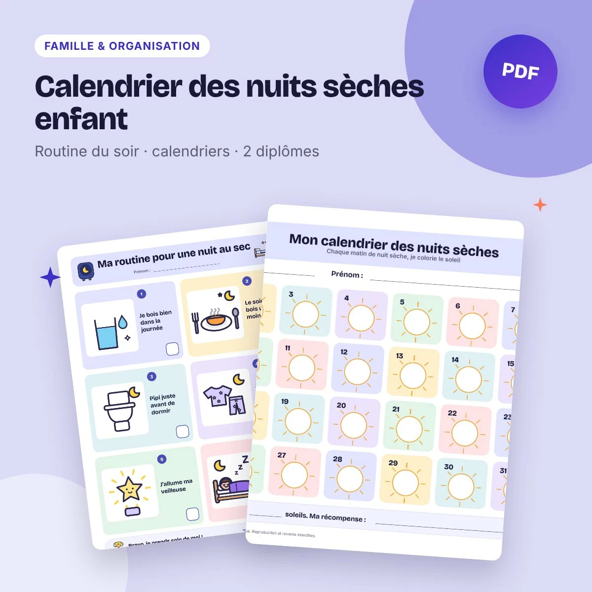 Calendrier des nuits sèches enfant – routine du soir, suivi et diplômes
