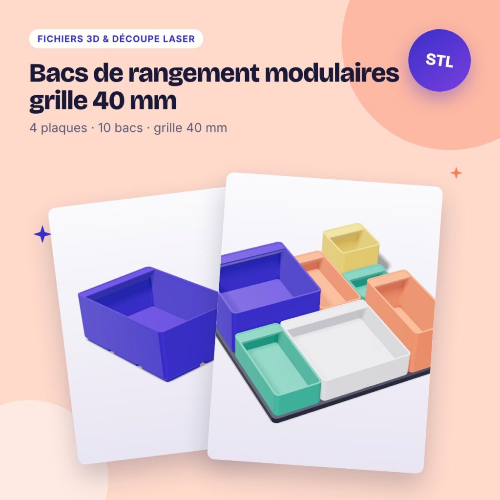 Bacs de rangement modulaires grille 40 mm – 4 plaques + 10 bacs STL