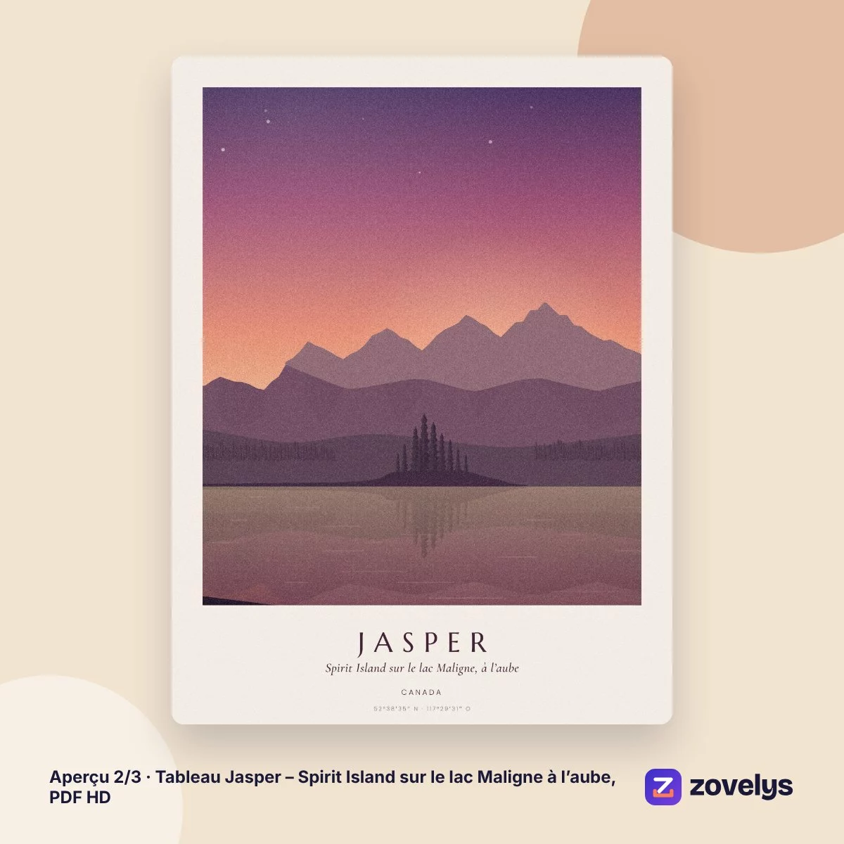 Tableau Jasper – Spirit Island sur le lac Maligne à l’aube, PDF HD – aperçu 2
