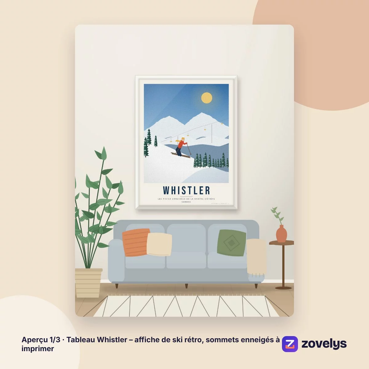 Tableau Whistler – affiche de ski rétro, sommets enneigés à imprimer – aperçu 1