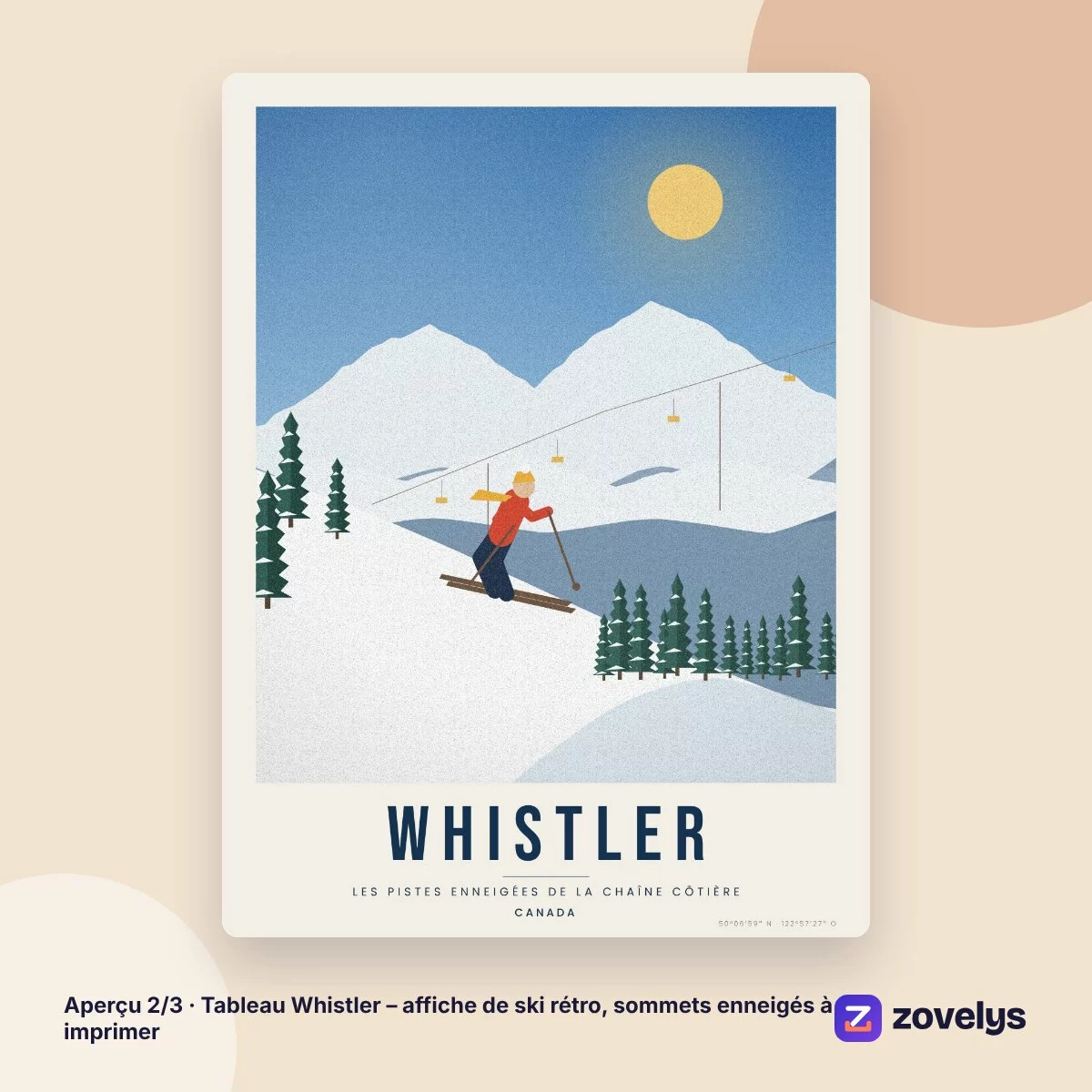 Tableau Whistler – affiche de ski rétro, sommets enneigés à imprimer – aperçu 2