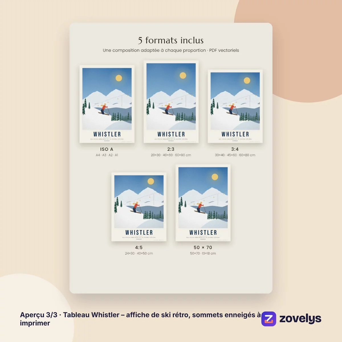 Tableau Whistler – affiche de ski rétro, sommets enneigés à imprimer – aperçu 3