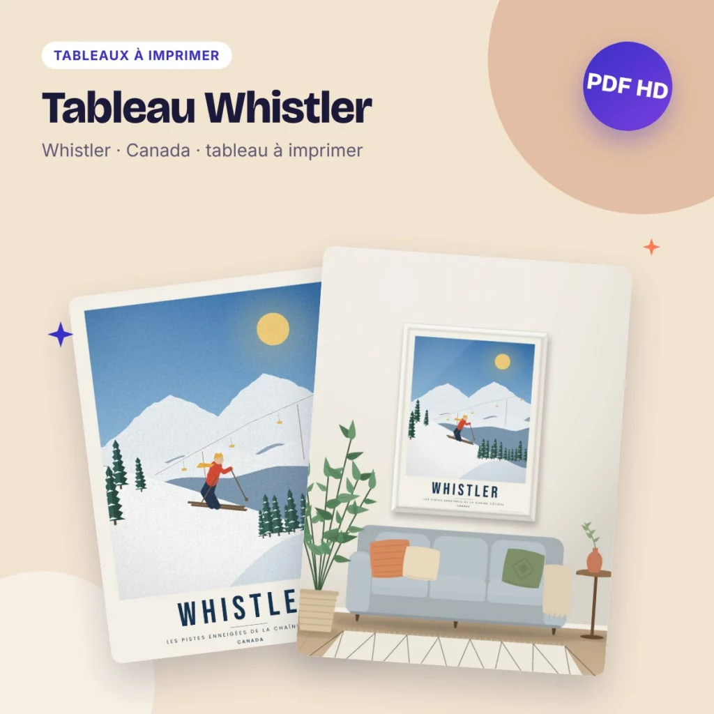Tableau Whistler – affiche de ski rétro, sommets enneigés à imprimer