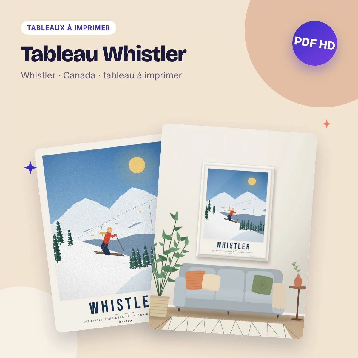 Tableau Whistler – affiche de ski rétro, sommets enneigés à imprimer