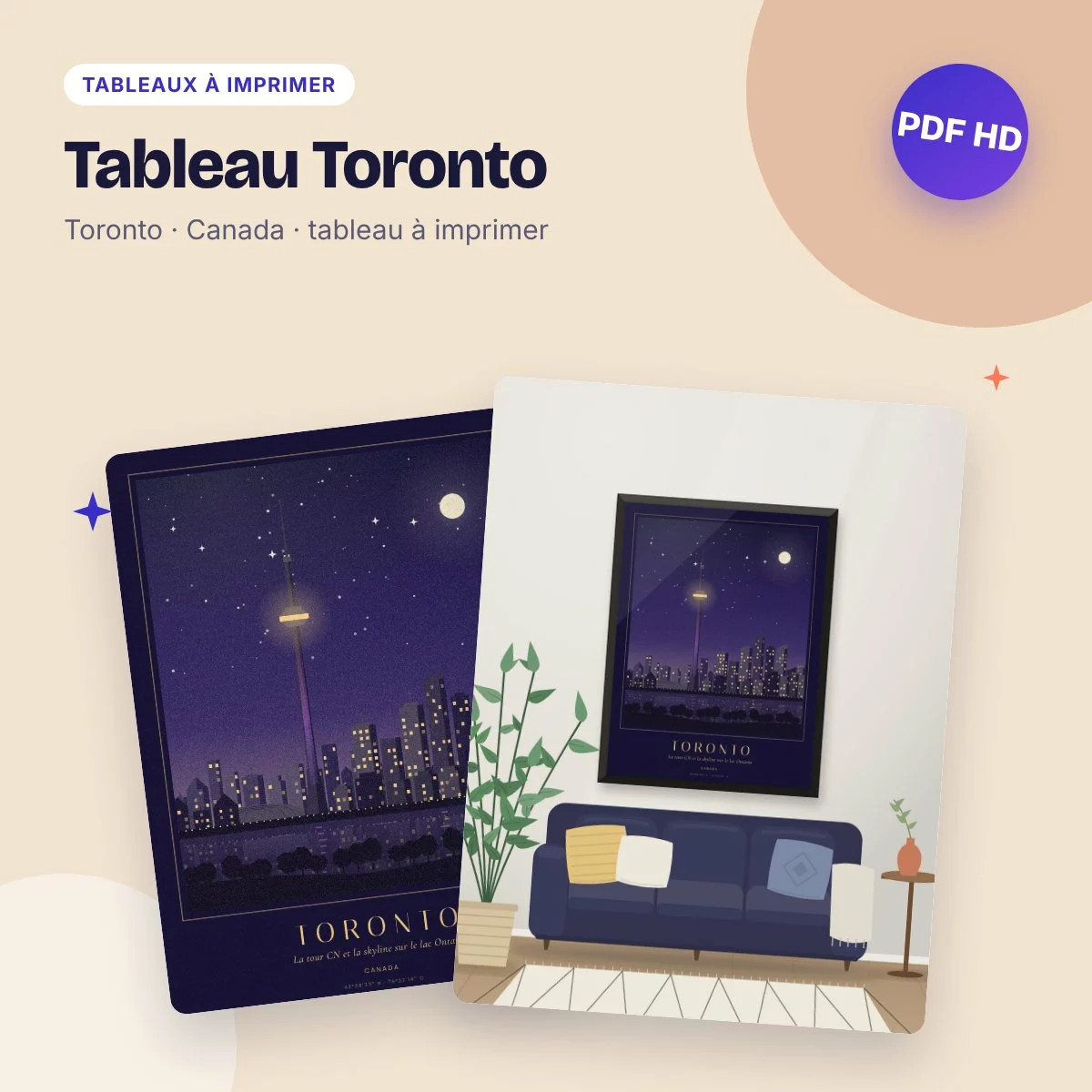 Tableau Toronto – la tour CN et la skyline la nuit, PDF haute qualité