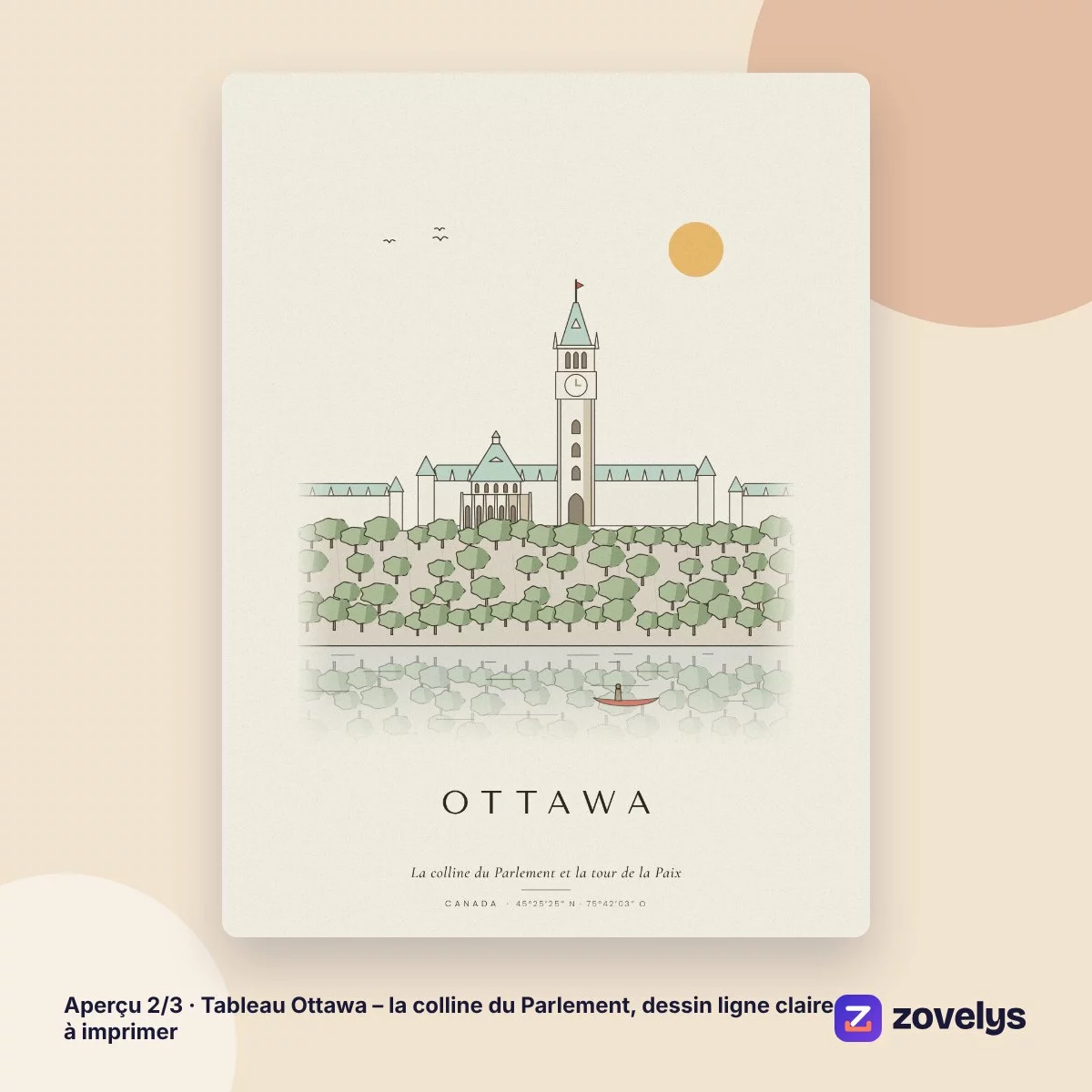 Tableau Ottawa – la colline du Parlement, dessin ligne claire à imprimer – aperçu 2