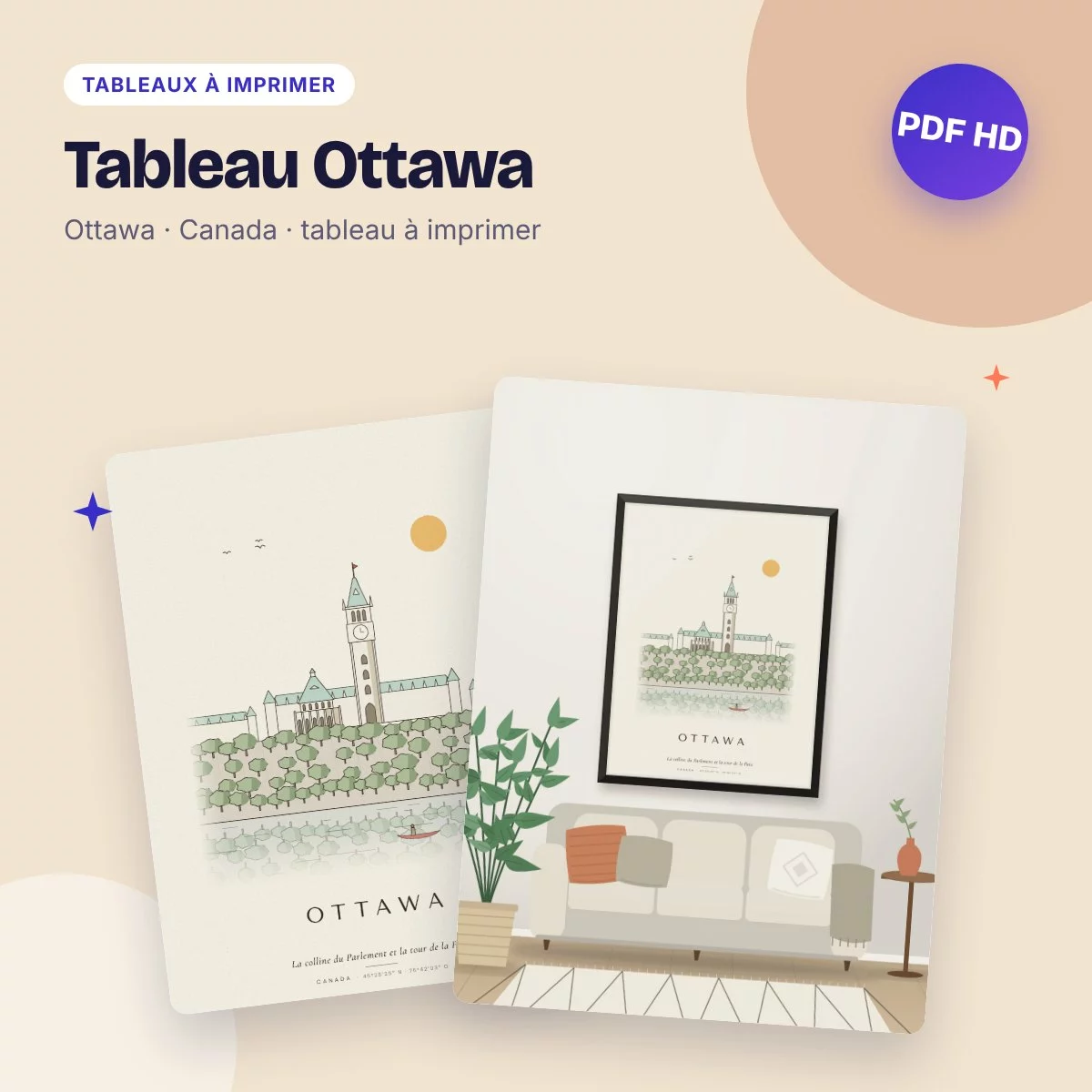 Tableau Ottawa – la colline du Parlement, dessin ligne claire à imprimer