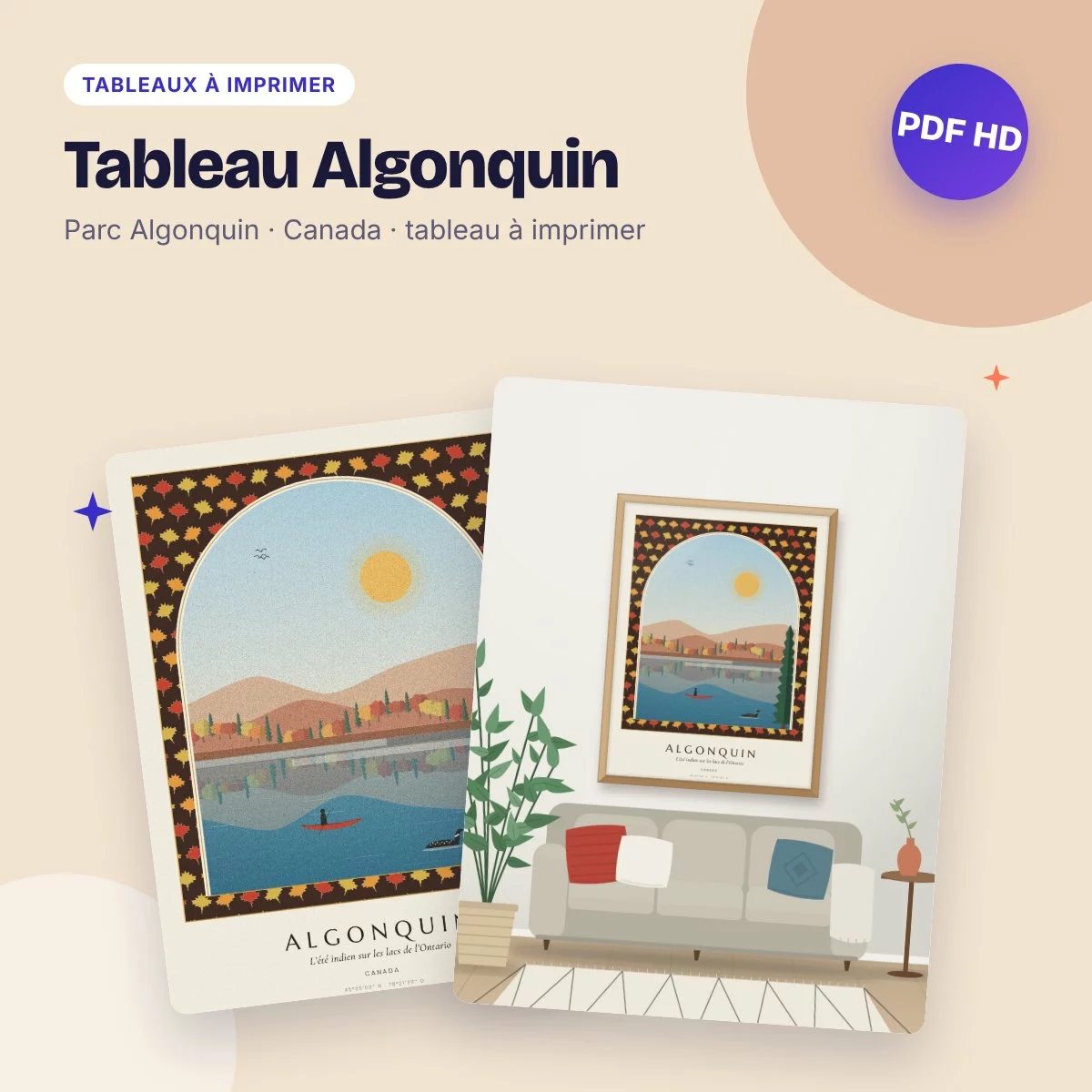 Tableau Algonquin – l’automne et le canot rouge, déco nordique