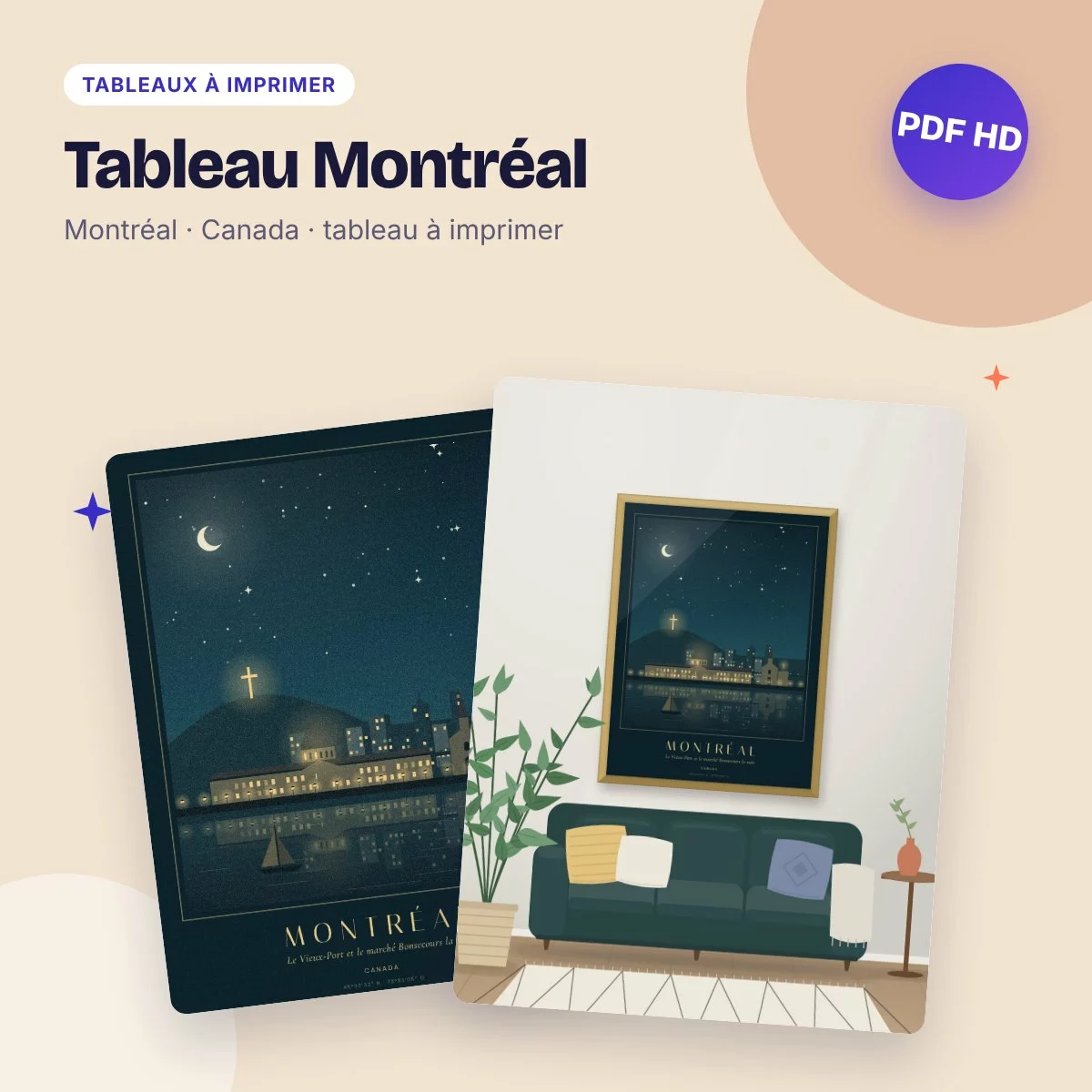 Tableau Montréal – le Vieux-Port la nuit, PDF haute qualité à imprimer