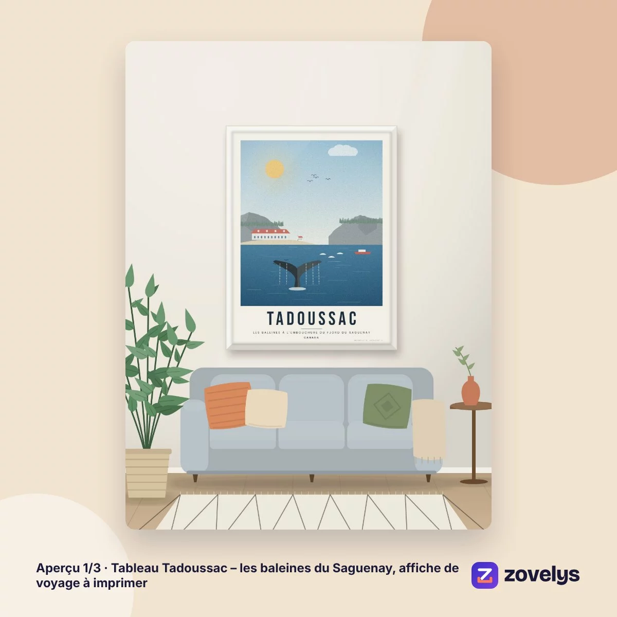 Tableau Tadoussac – les baleines du Saguenay, affiche de voyage à imprimer – aperçu 1