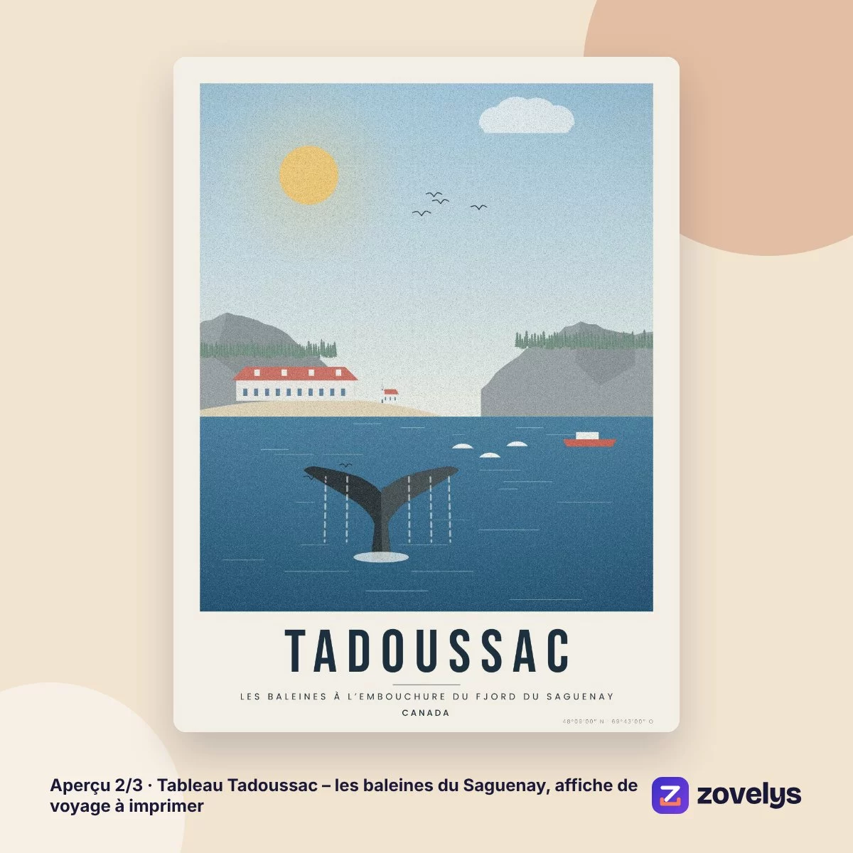 Tableau Tadoussac – les baleines du Saguenay, affiche de voyage à imprimer – aperçu 2