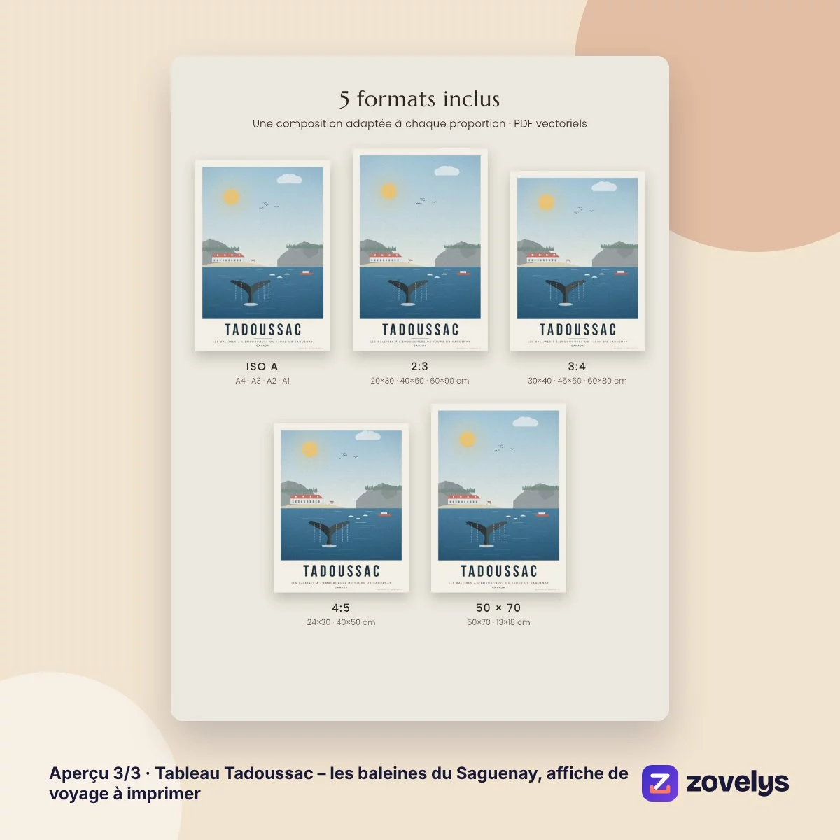 Tableau Tadoussac – les baleines du Saguenay, affiche de voyage à imprimer – aperçu 3
