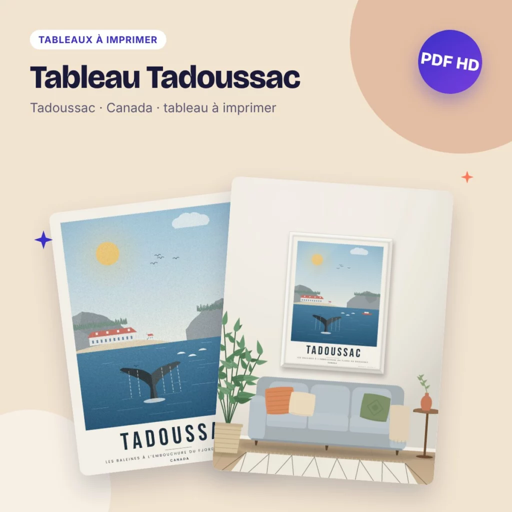 Tableau Tadoussac – les baleines du Saguenay, affiche de voyage à imprimer