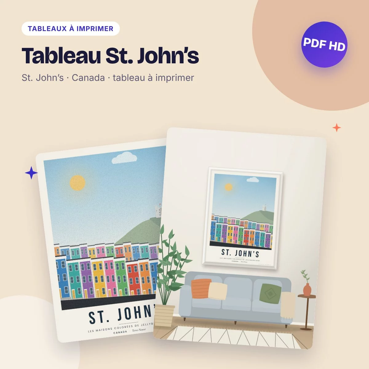 Tableau St. John’s – les maisons colorées de Terre-Neuve, affiche de voyage