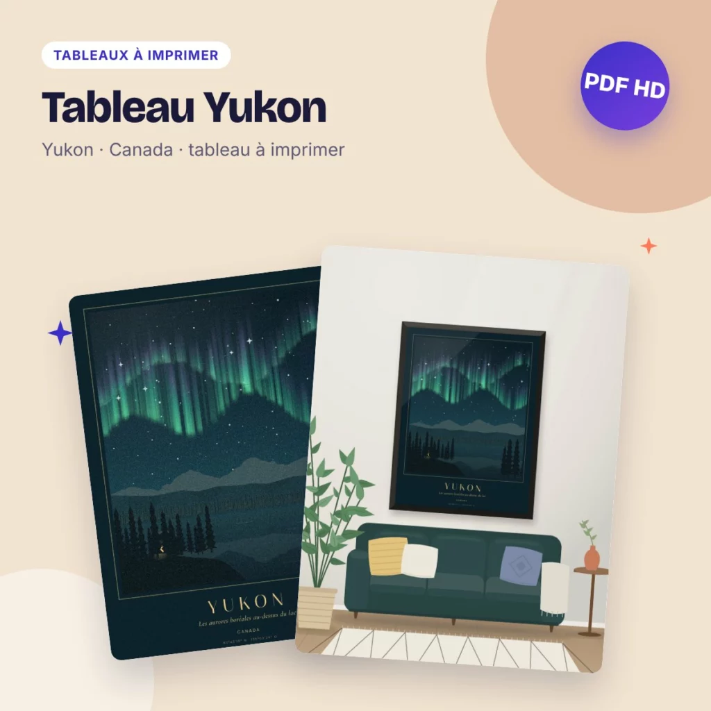 Tableau Yukon – les aurores boréales sur le lac, nuit étoilée à imprimer