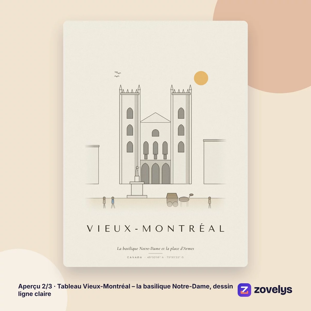 Tableau Vieux-Montréal – la basilique Notre-Dame, dessin ligne claire – aperçu 2