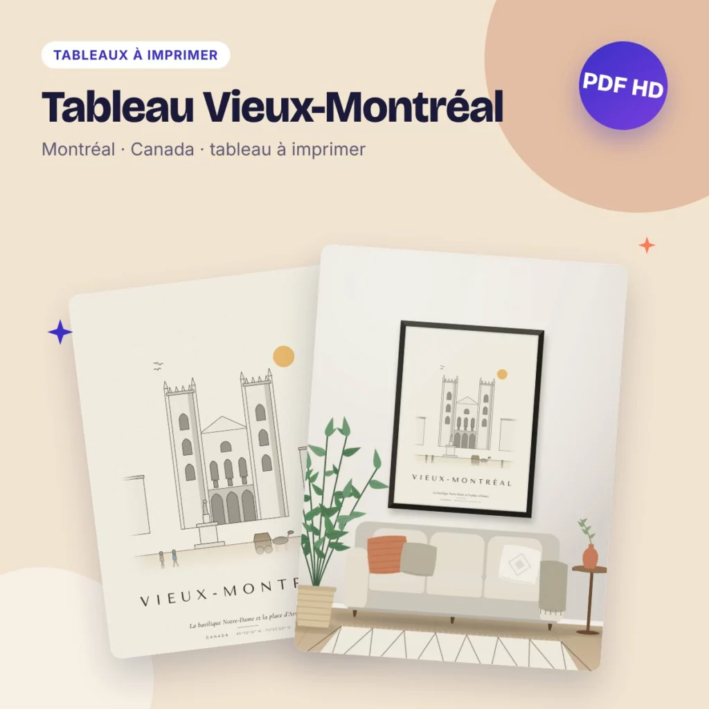Tableau Vieux-Montréal – la basilique Notre-Dame, dessin ligne claire