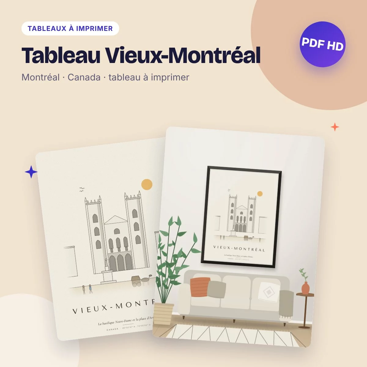 Tableau Vieux-Montréal – la basilique Notre-Dame, dessin ligne claire