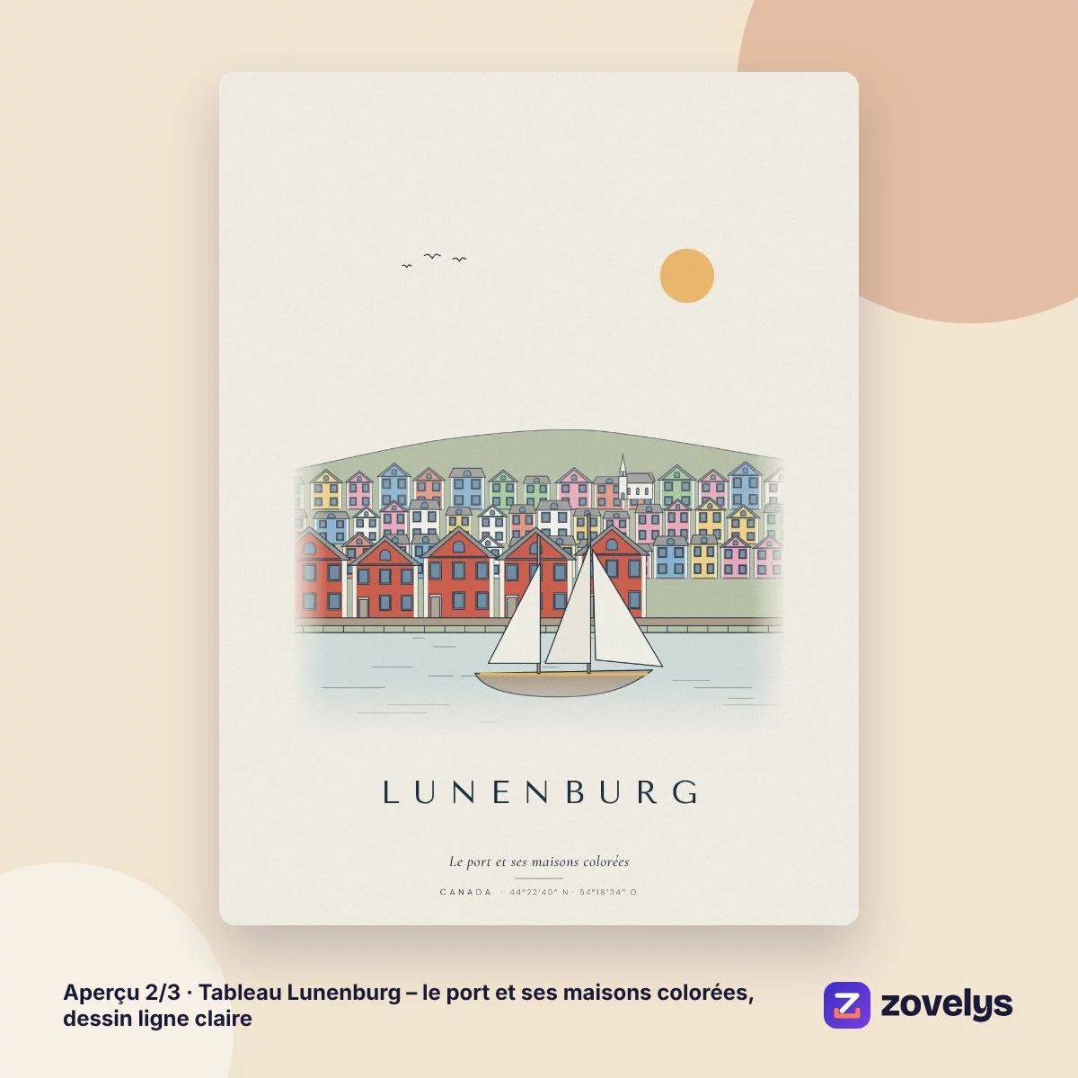 Tableau Lunenburg – le port et ses maisons colorées, dessin ligne claire – aperçu 2