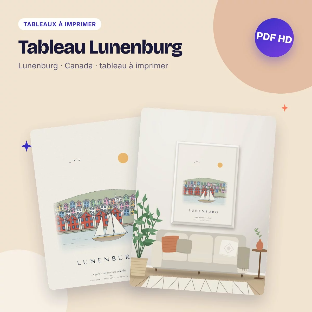 Tableau Lunenburg – le port et ses maisons colorées, dessin ligne claire