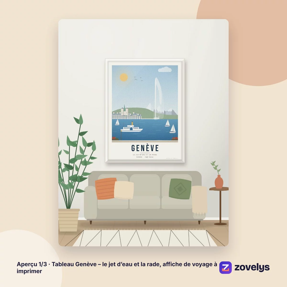Tableau Genève – le jet d’eau et la rade, affiche de voyage à imprimer – aperçu 1