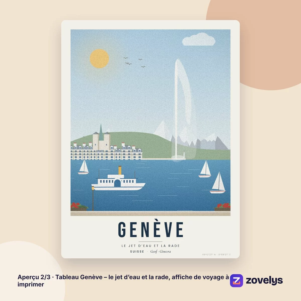 Tableau Genève – le jet d’eau et la rade, affiche de voyage à imprimer – aperçu 2