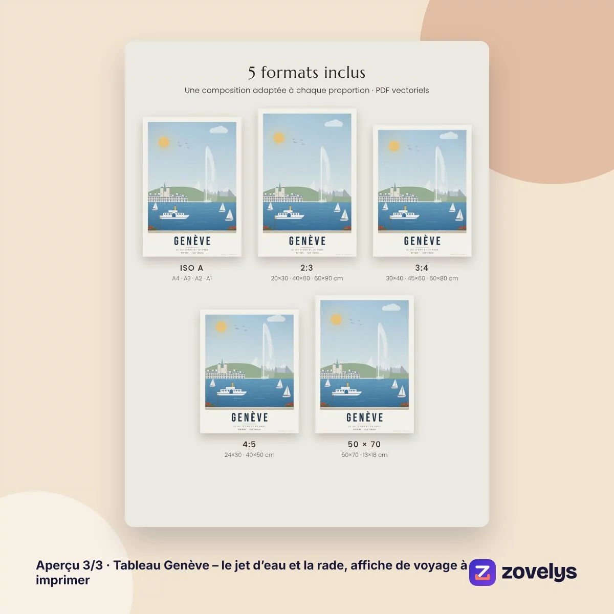 Tableau Genève – le jet d’eau et la rade, affiche de voyage à imprimer – aperçu 3