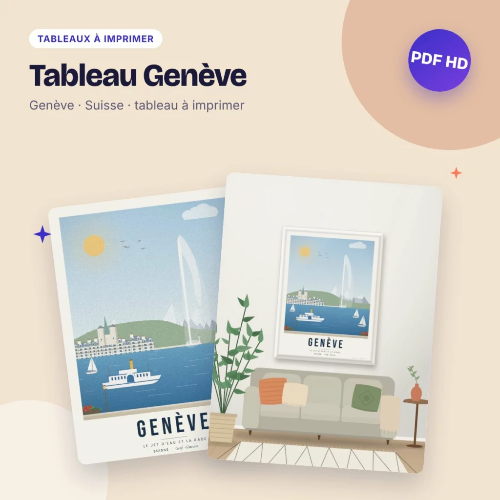 Tableau Genève – le jet d’eau et la rade, affiche de voyage à imprimer