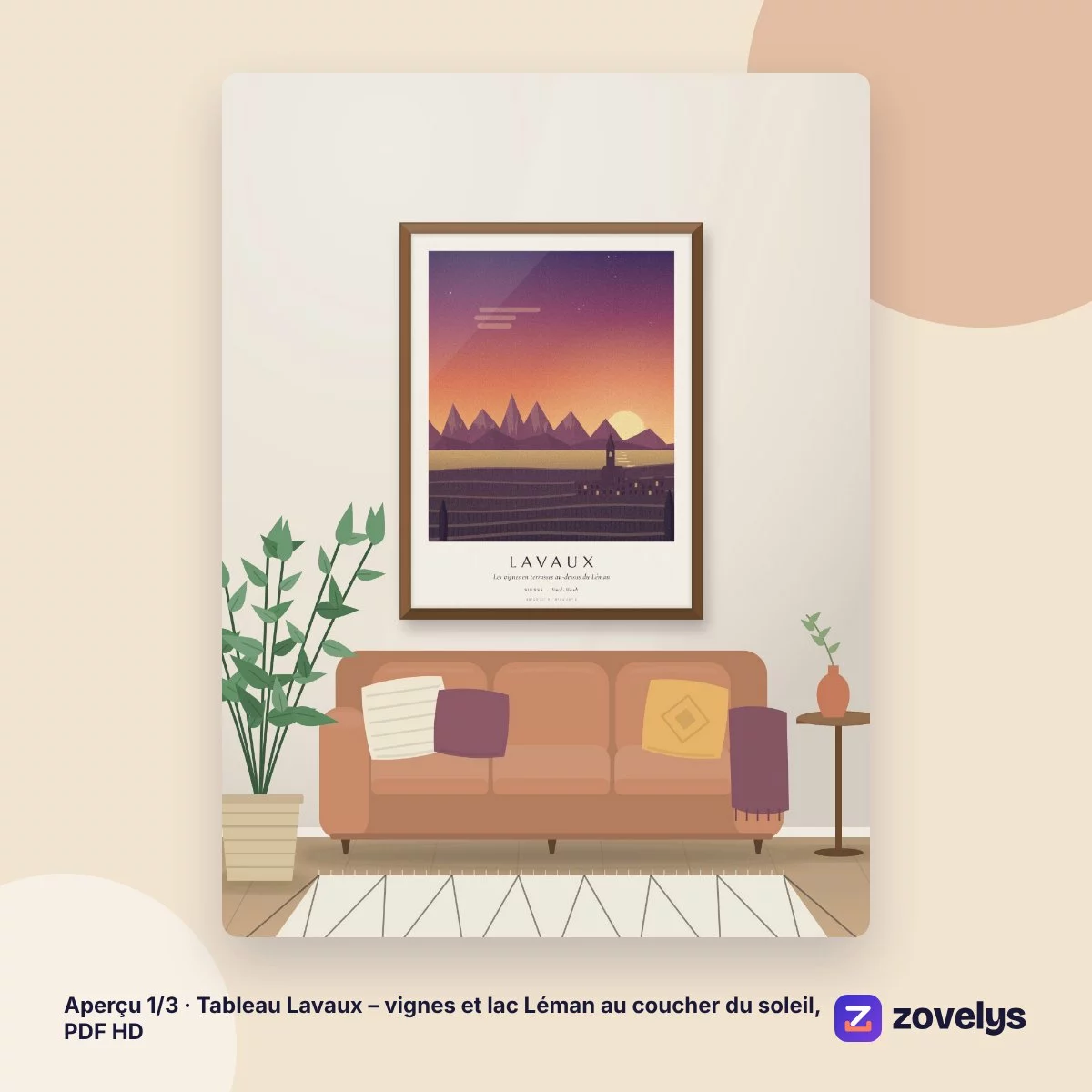 Tableau Lavaux – vignes et lac Léman au coucher du soleil, PDF HD – aperçu 1