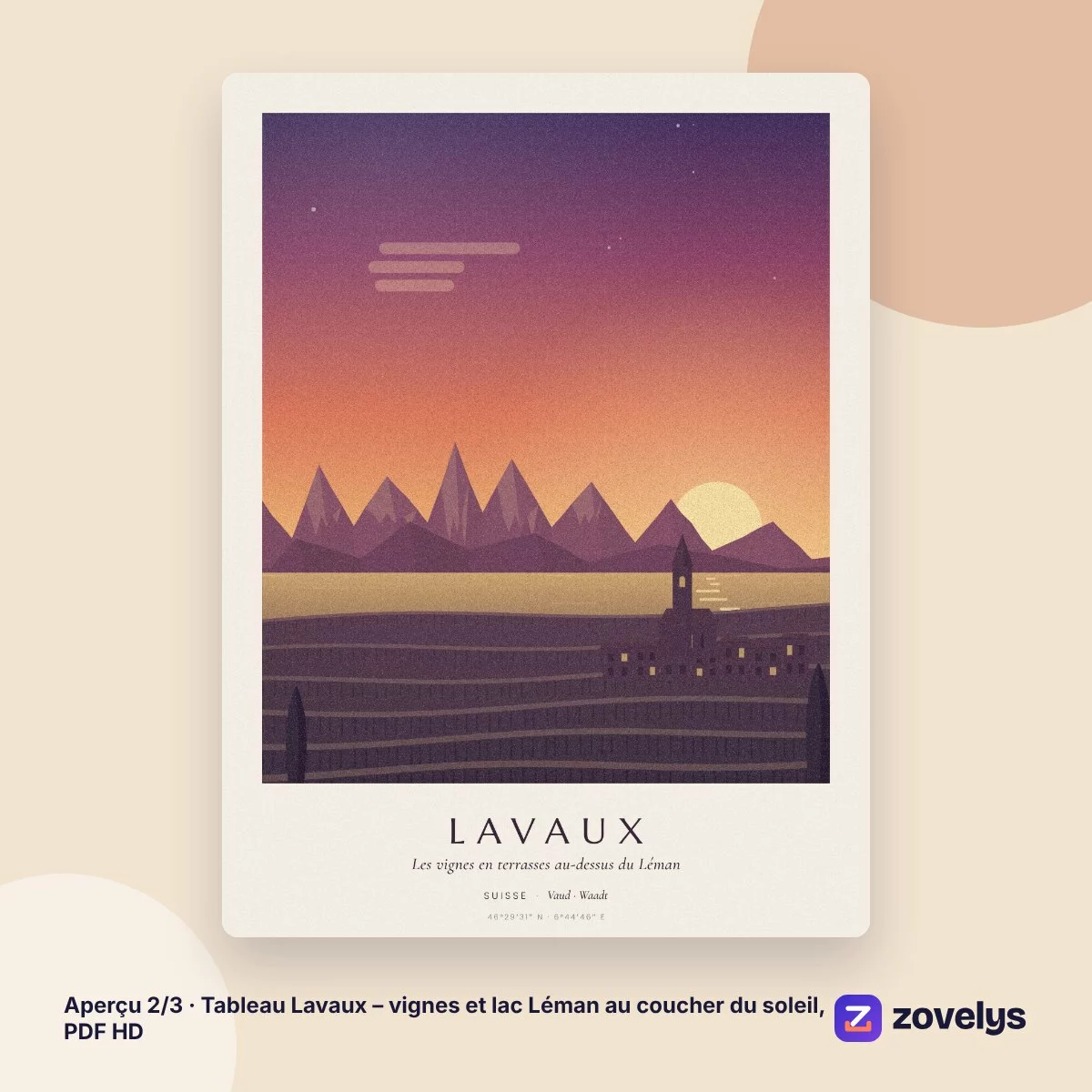 Tableau Lavaux – vignes et lac Léman au coucher du soleil, PDF HD – aperçu 2