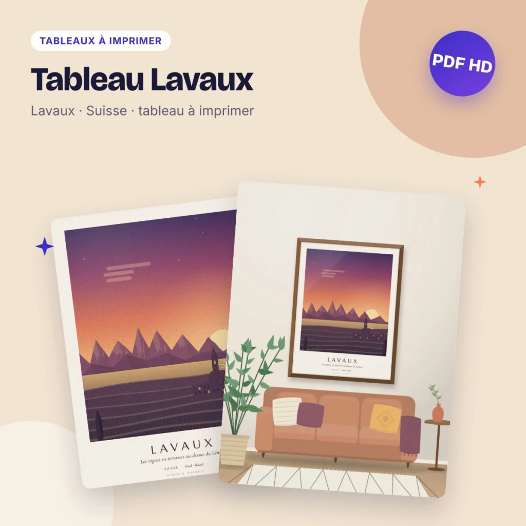 Tableau Lavaux – vignes et lac Léman au coucher du soleil, PDF HD