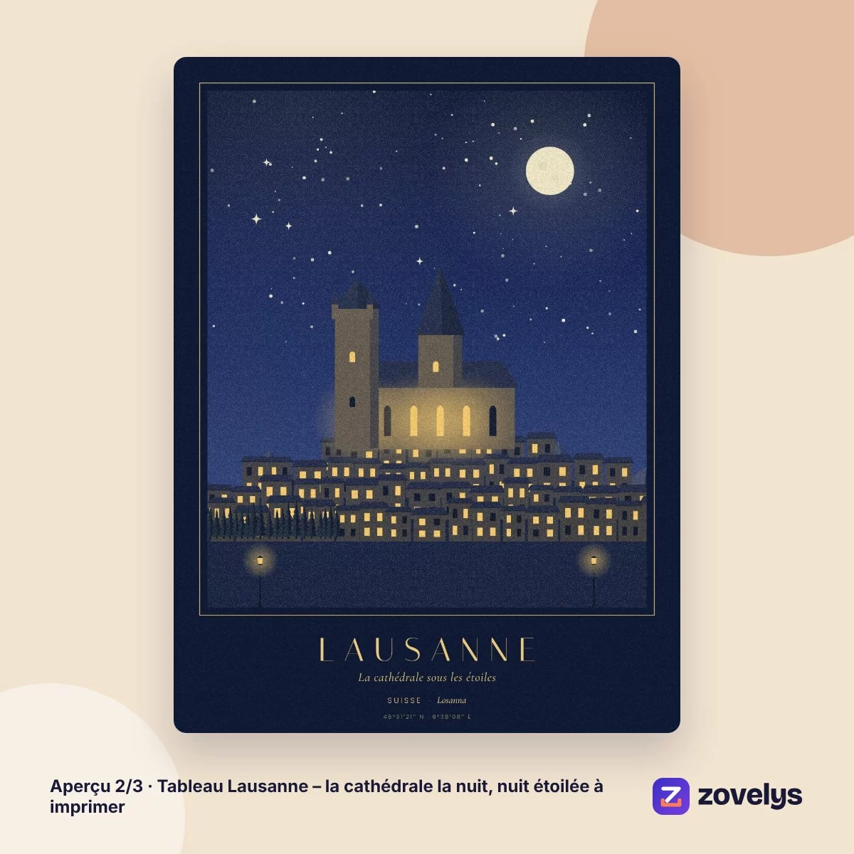 Tableau Lausanne – la cathédrale la nuit, nuit étoilée à imprimer – aperçu 2