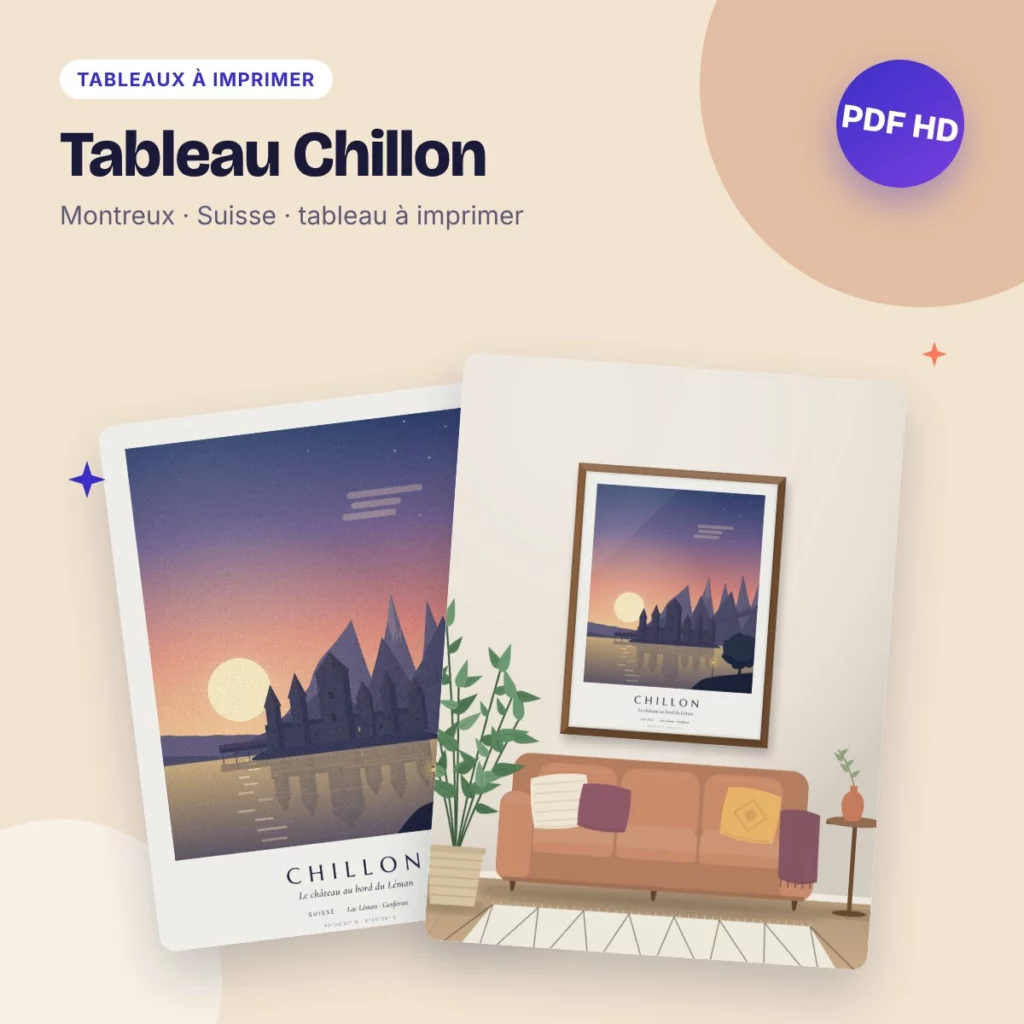 Tableau Chillon – le château au bord du Léman, coucher de soleil à imprimer