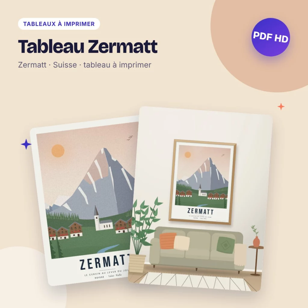Tableau Zermatt – le Cervin au lever du jour, affiche de voyage à imprimer