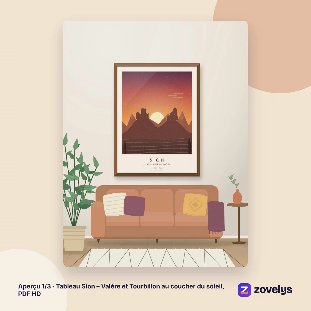 Tableau Sion – Valère et Tourbillon au coucher du soleil, PDF HD – aperçu 1
