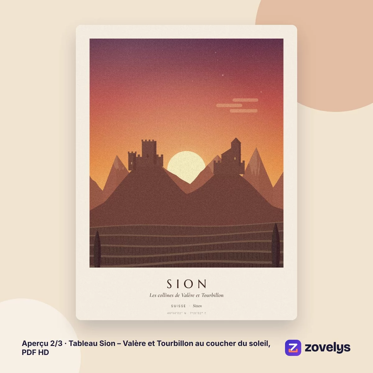 Tableau Sion – Valère et Tourbillon au coucher du soleil, PDF HD – aperçu 2