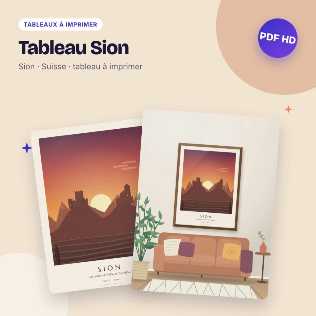 Tableau Sion – Valère et Tourbillon au coucher du soleil, PDF HD