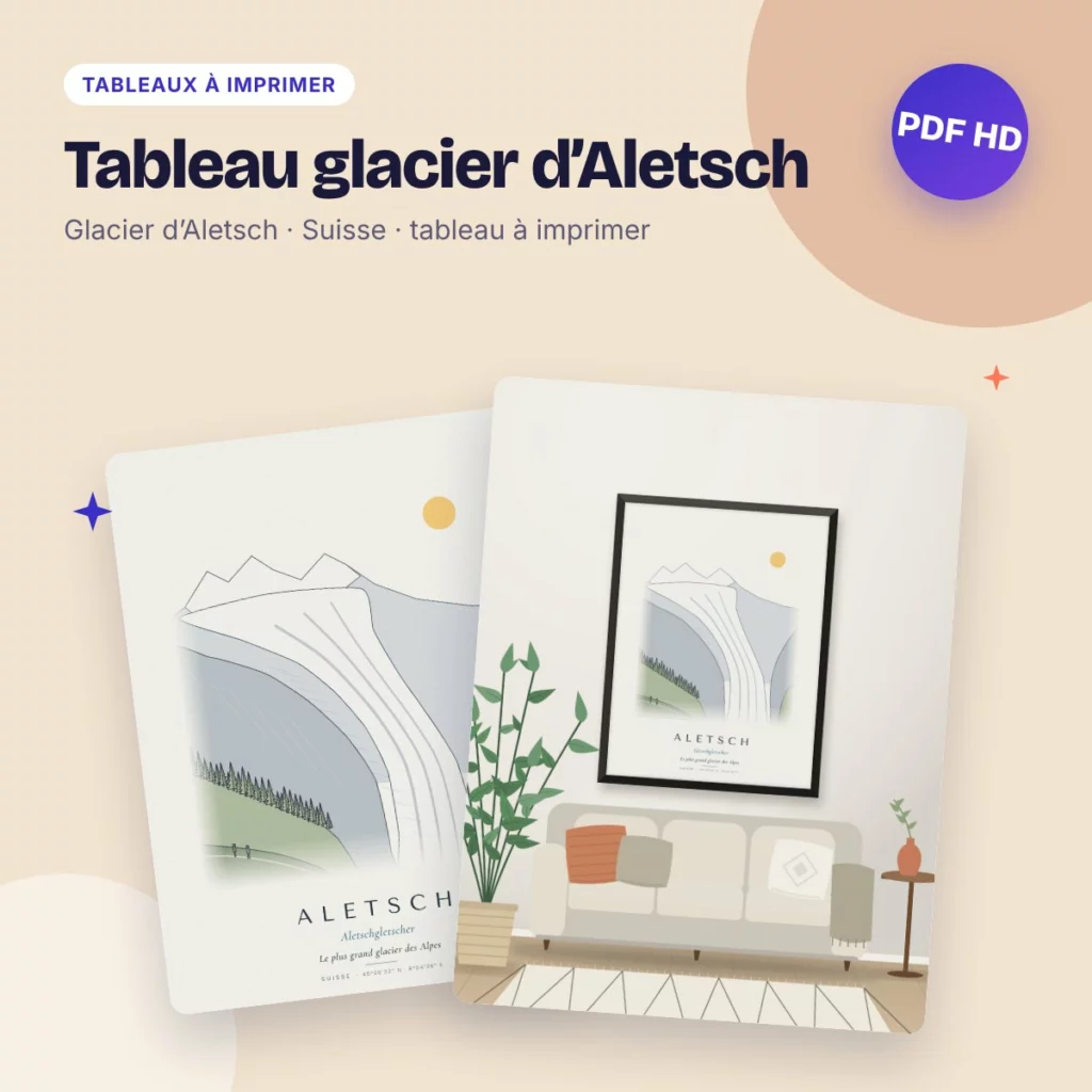 Tableau glacier d’Aletsch – dessin ligne claire à imprimer