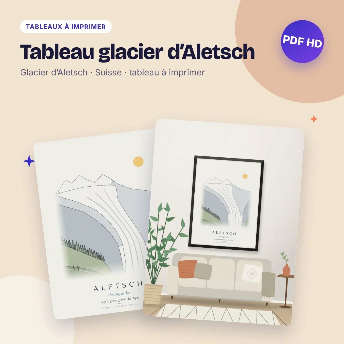 Tableau glacier d’Aletsch – dessin ligne claire à imprimer