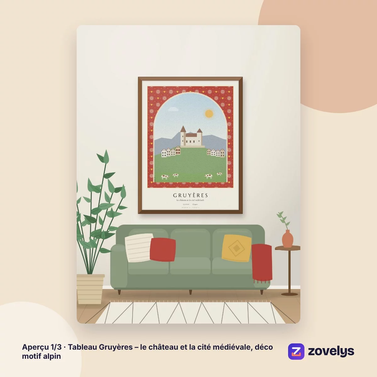 Tableau Gruyères – le château et la cité médiévale, déco motif alpin – aperçu 1
