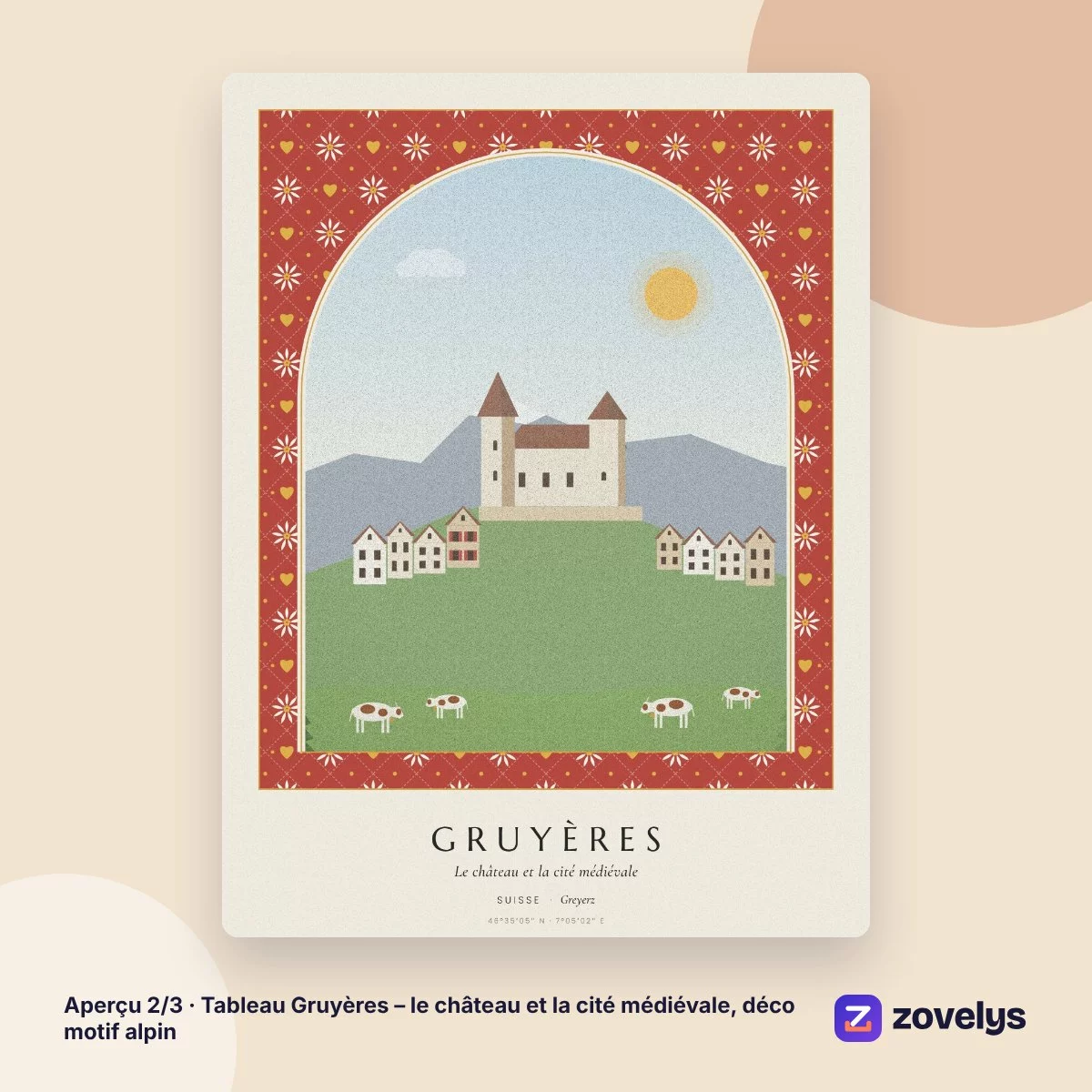 Tableau Gruyères – le château et la cité médiévale, déco motif alpin – aperçu 2