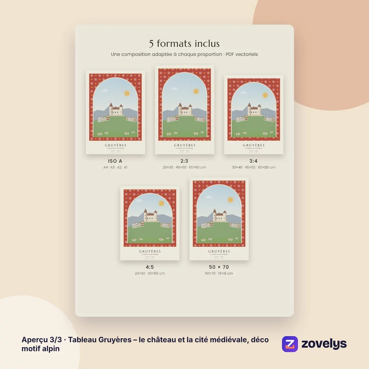 Tableau Gruyères – le château et la cité médiévale, déco motif alpin – aperçu 3