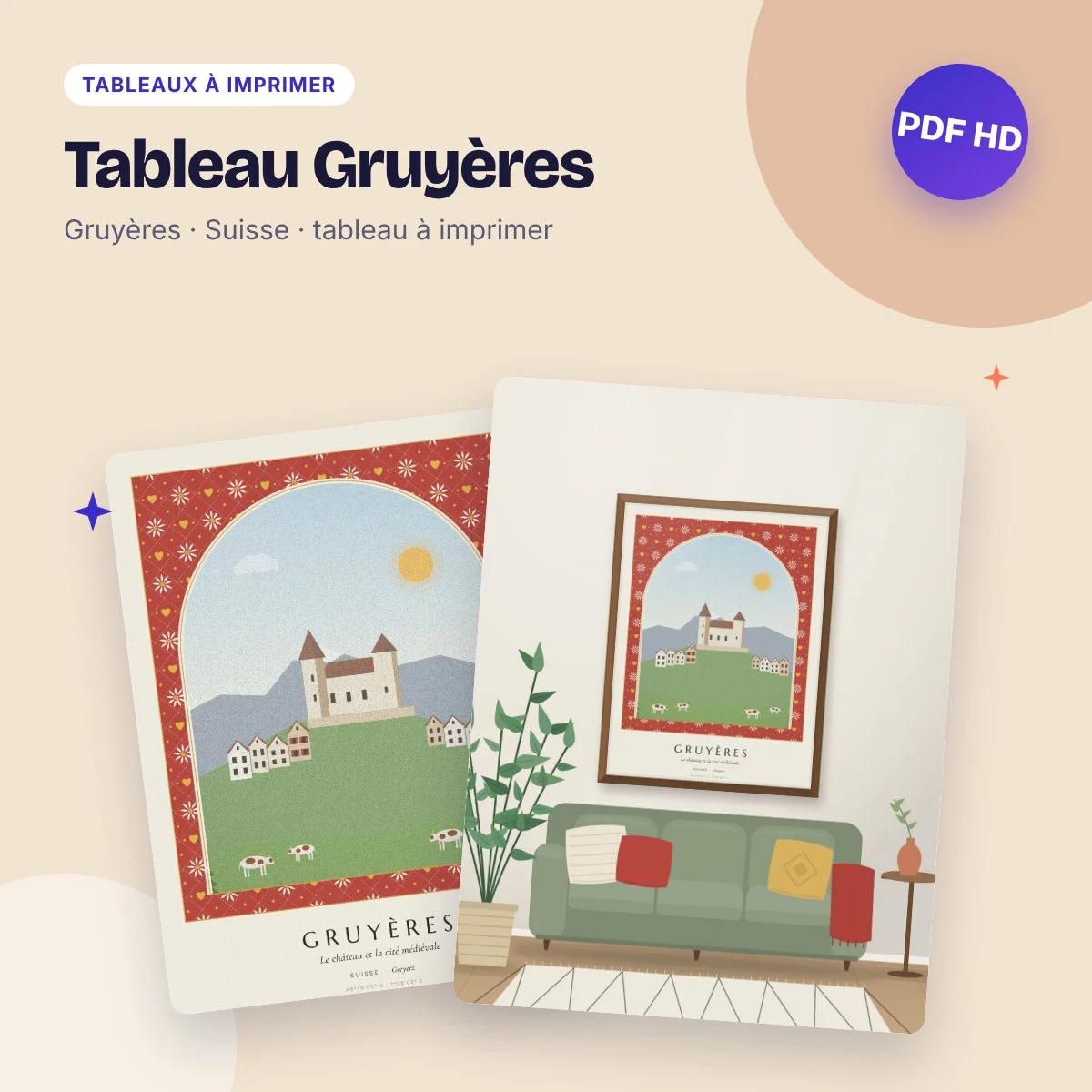 Tableau Gruyères – le château et la cité médiévale, déco motif alpin