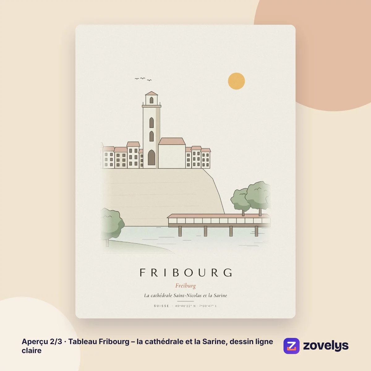 Tableau Fribourg – la cathédrale et la Sarine, dessin ligne claire – aperçu 2
