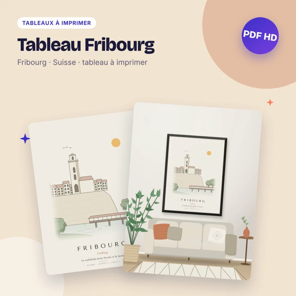 Tableau Fribourg – la cathédrale et la Sarine, dessin ligne claire