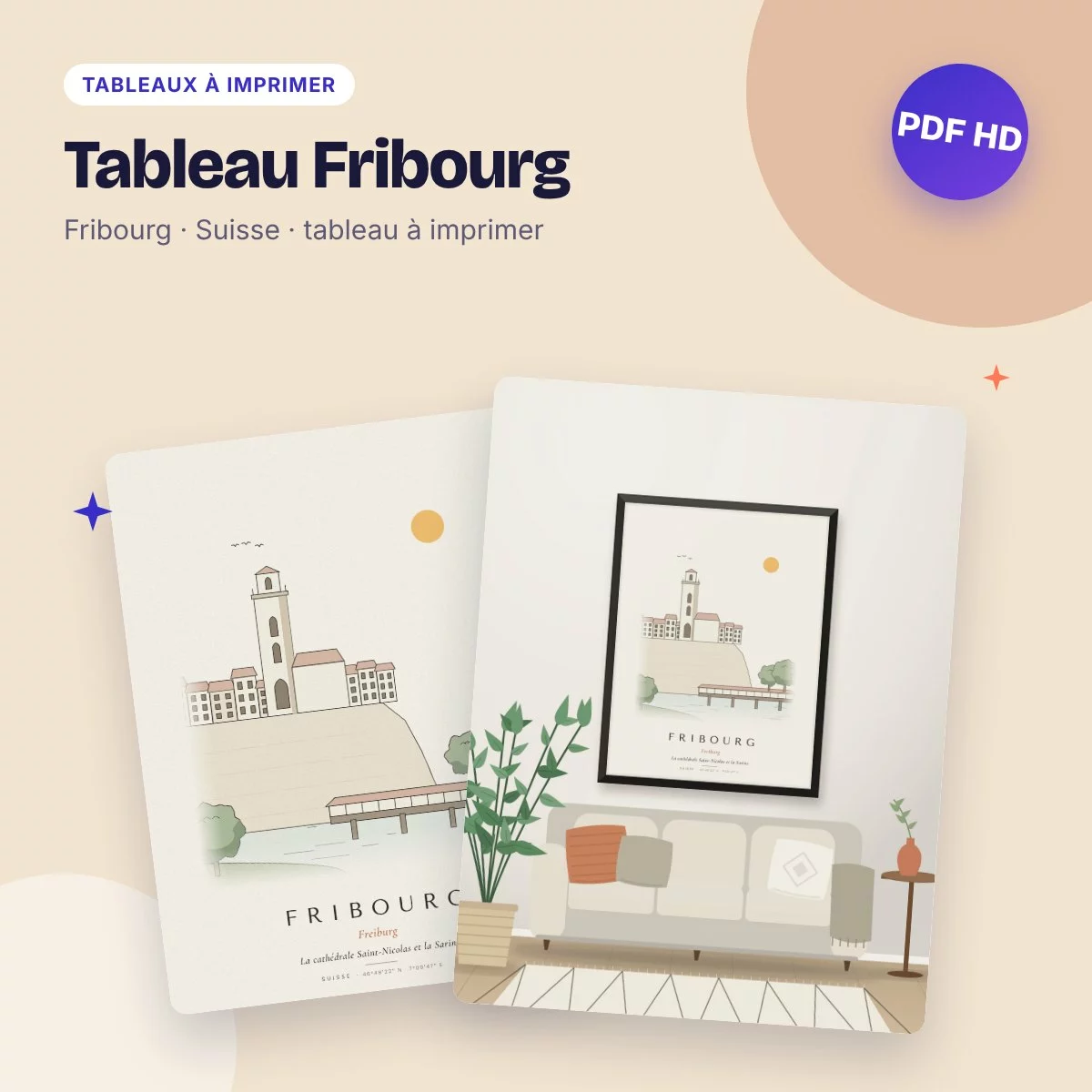 Tableau Fribourg – la cathédrale et la Sarine, dessin ligne claire