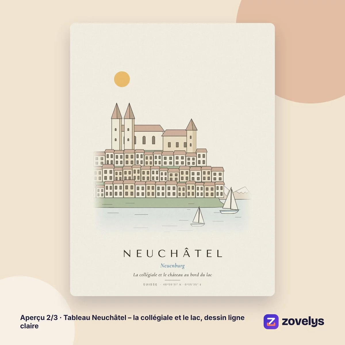 Tableau Neuchâtel – la collégiale et le lac, dessin ligne claire – aperçu 2